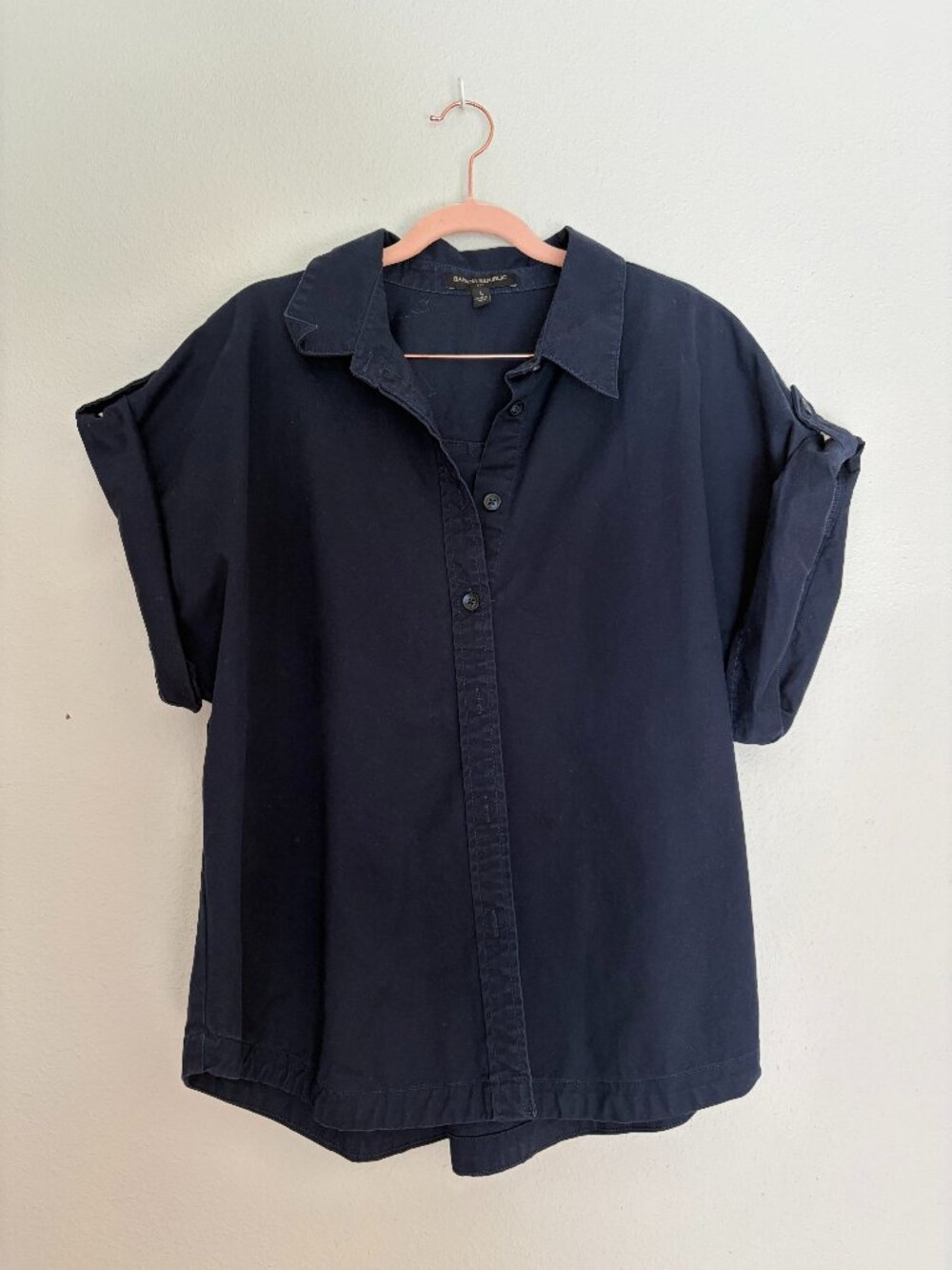 Banana Republic Factory | Preppy Navy Cotton Boxy Short-Sleeved Button-Down L